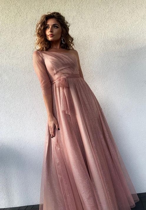 Sukienka długa na jedno ramię tiul błysk beż