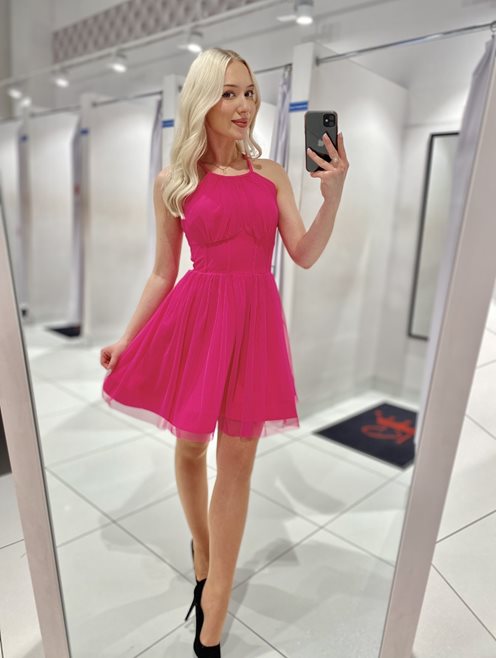 Sukienka krótka szyja wiązanie pas tiul amarant