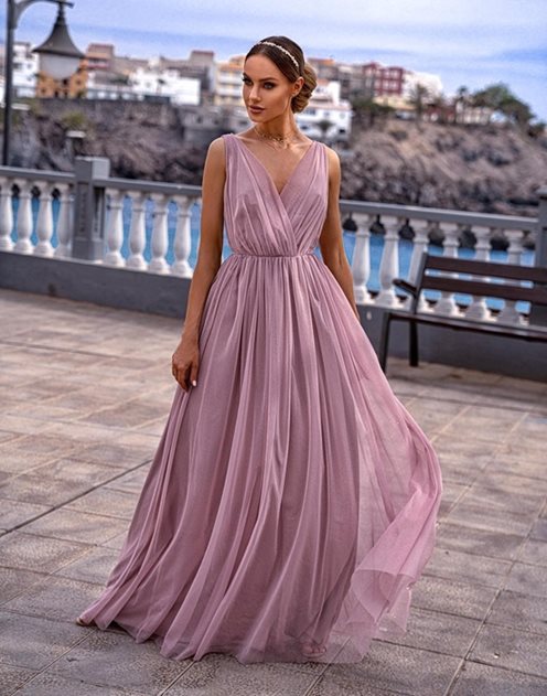 Sukienka długa tiulowa błyszcząca ramiączka wrzos