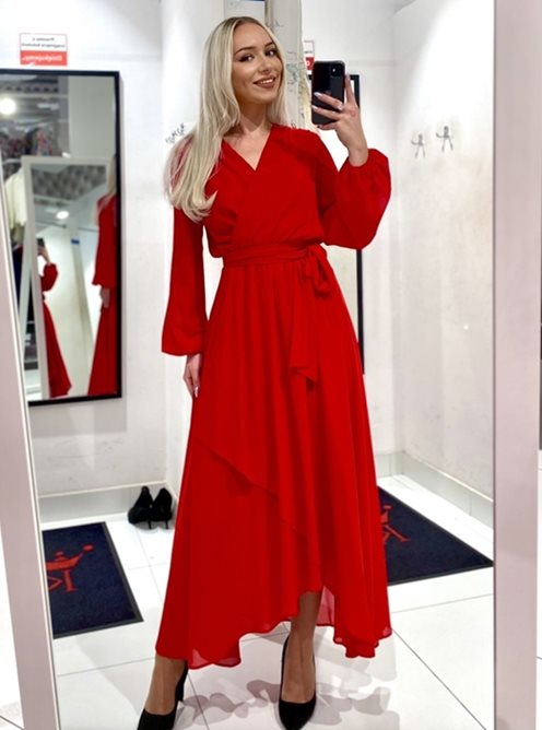 Sukienka długa zwiewna z gumką i rękawkiem czerwon