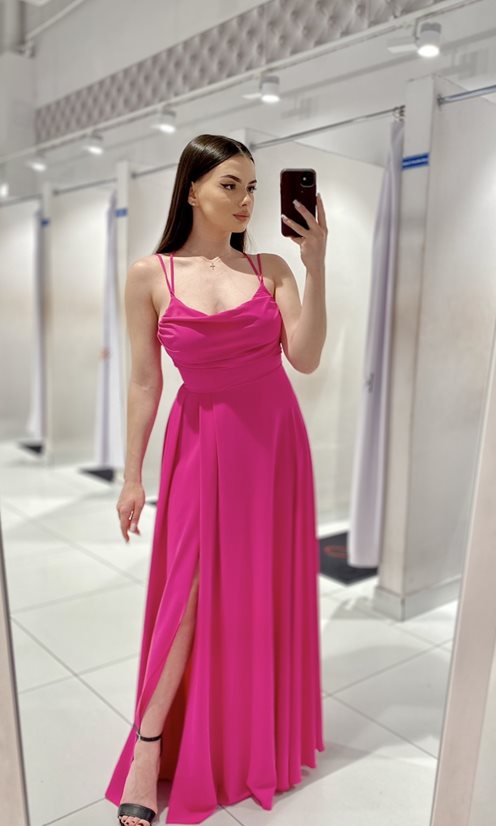 Sukienka długa dekolt woda wiązanie tył magenta