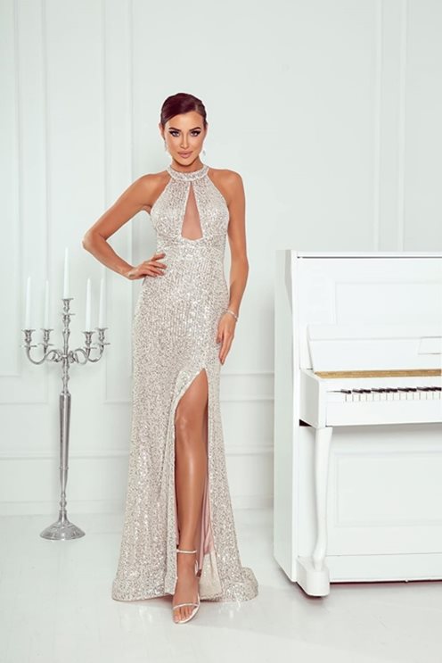 sukienka długa cekinowa pod szyję złota