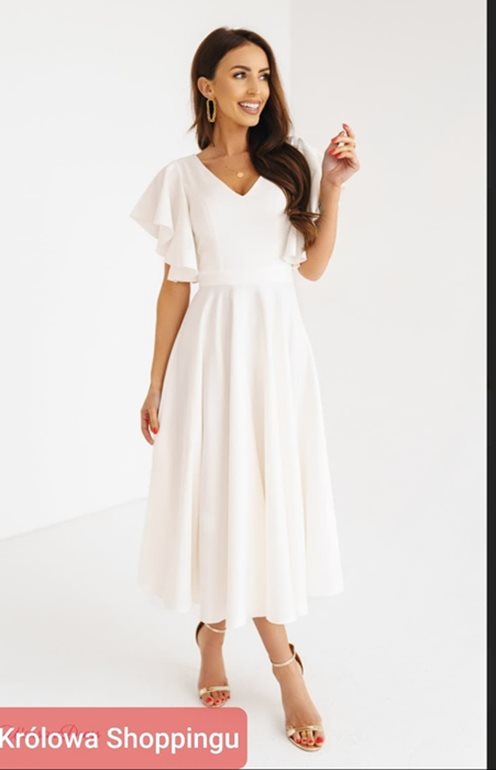 Sukienka midi gładka rękaw falbanki biała