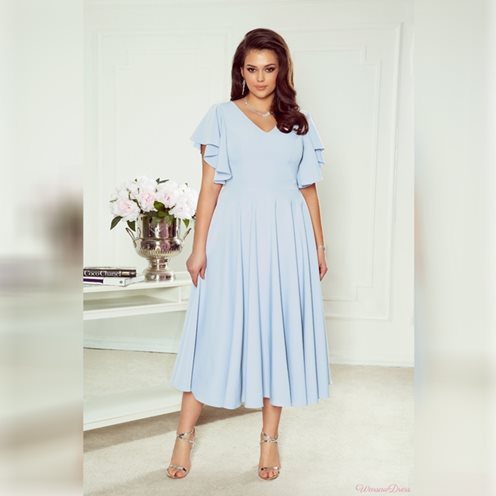 Sukienka midi gładka rękaw falbanki błękit