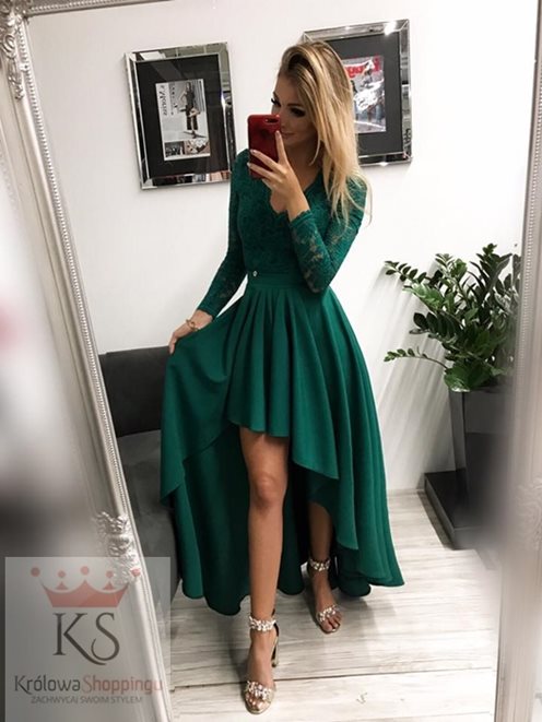 Sukienka asymetryczna długi rękaw koronkowy zieleń