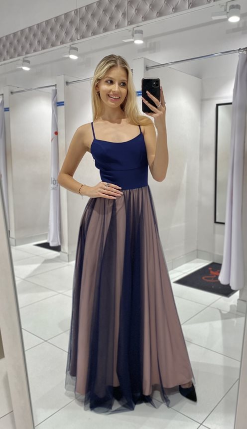 Sukienka długa ramiączka wiązanie tiul róż/granat