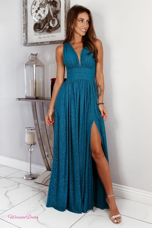Długa sukienka odcinana  brokat turkus