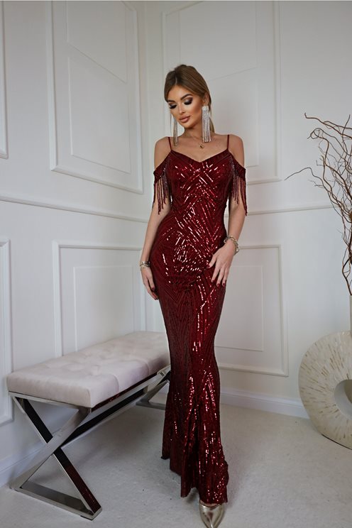 sukienka długa cekinowa opadające ramiona bordo
