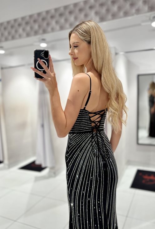 Sukienka długa dopasowana cyrkonie satyna czerń