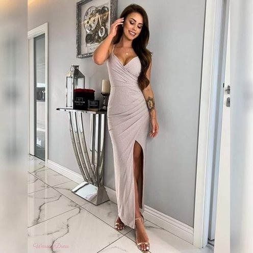 Długa sukienka brokat rozcięcie zamek bez