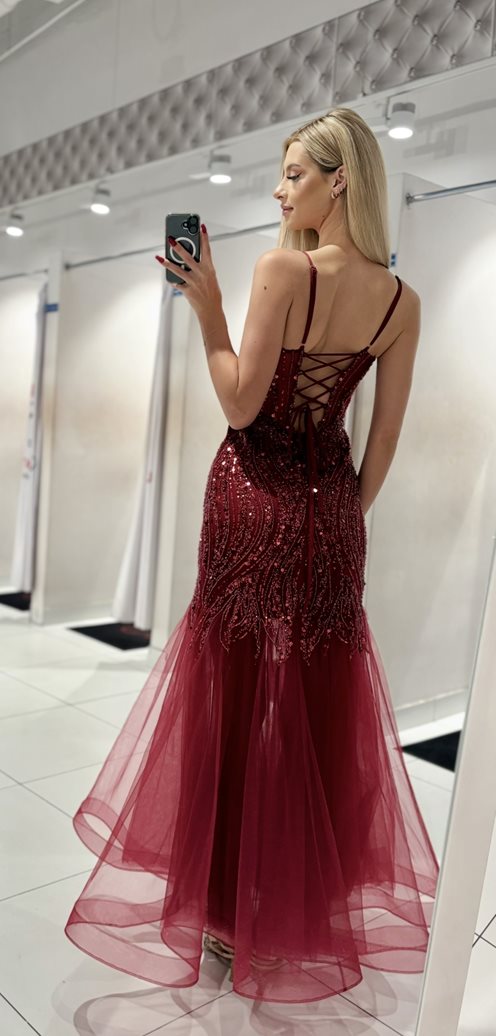 Sukienka rybka cekinowa wiązany gorset bordo