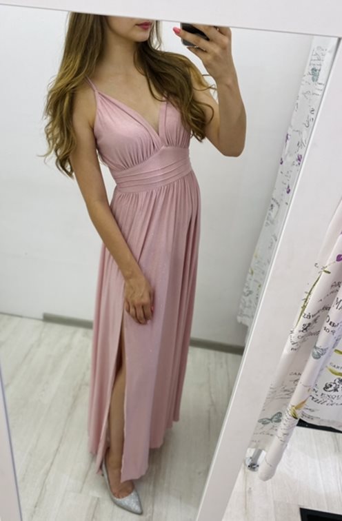 Sukienka długa z odcięciem na ramiączkach łosoś