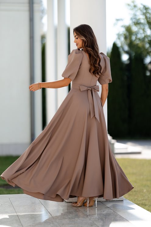 Sukienka długa bufiaste rękawki cappuccino