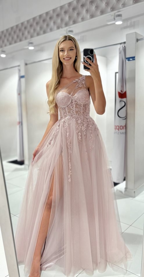 Sukienka długa tiul asymetria kwiaty brokat p.róż