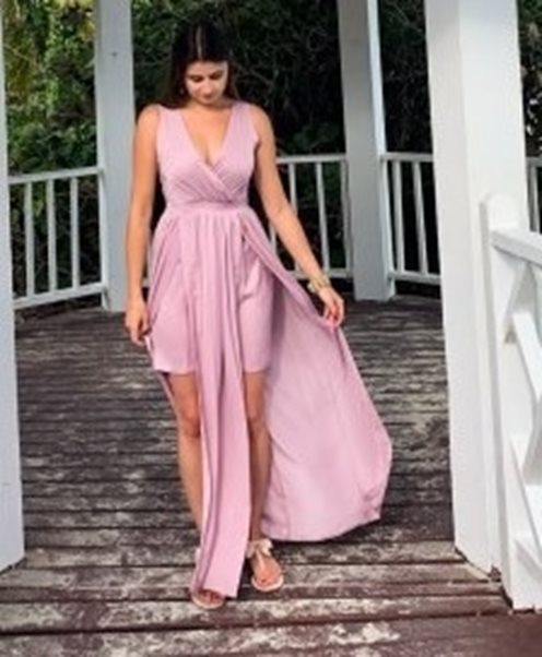 Sukienka długa satynowa dwa rozcięcia wrzos