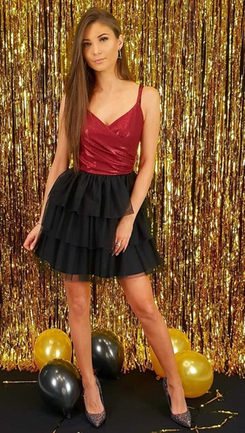 Krótka sukienka zakładana tiulowa bordo/czarny