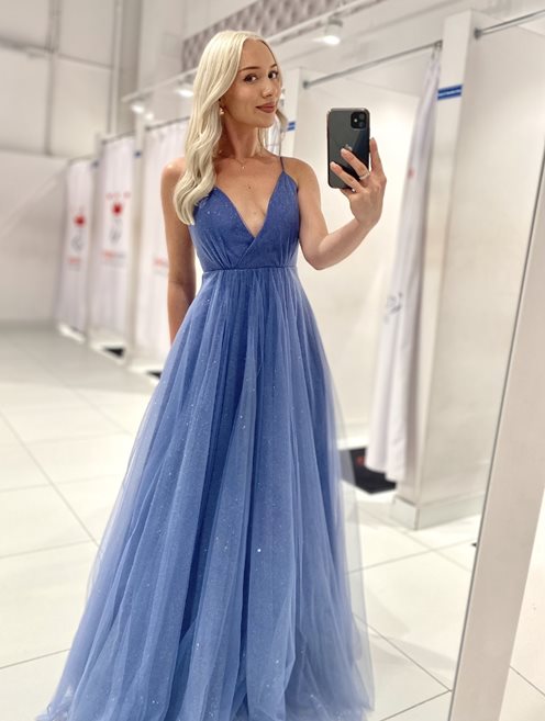 Sukienka długa brokat na ramiączkach wiązana jeans