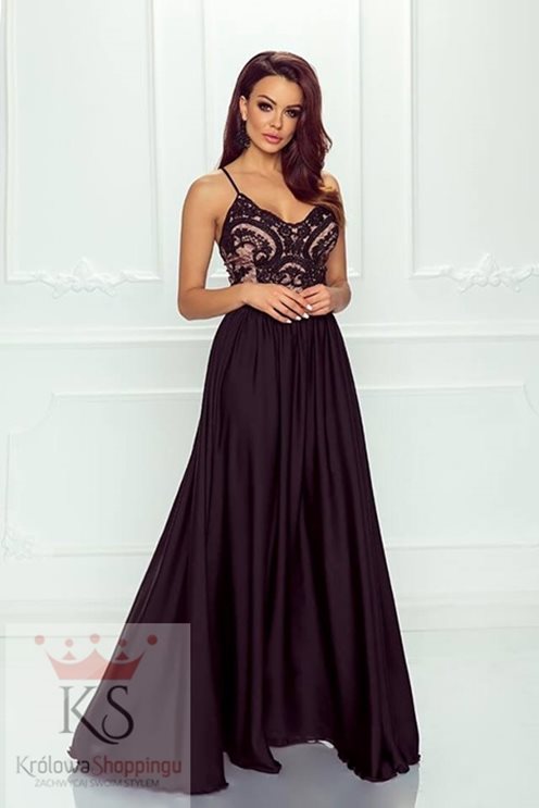 Długa sukienka na cienkich ramiączkach beż/czarny