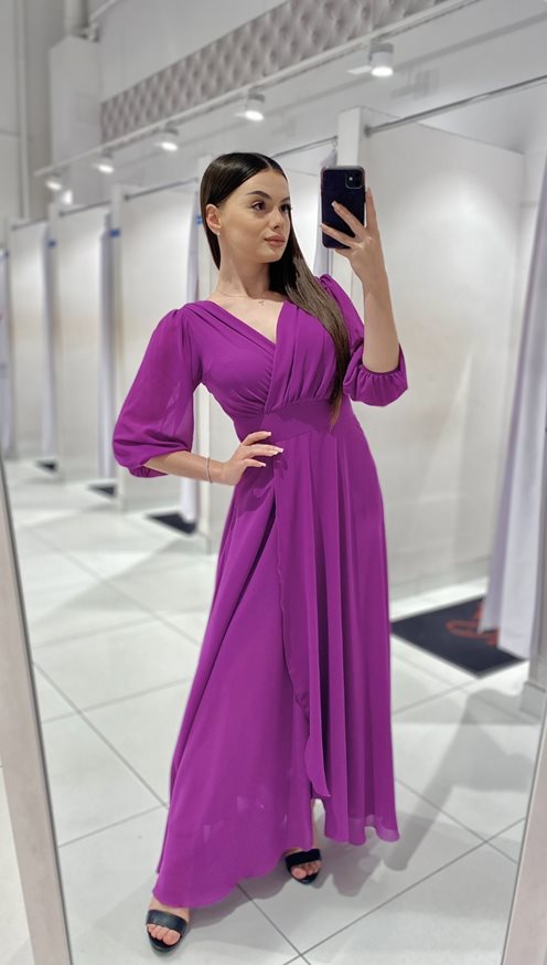 Sukienka długa zwiewna szyfon rękaw 3/4 fiolet