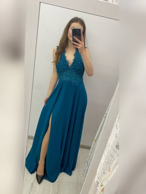 Długa sukienka z wycięciem v petrol