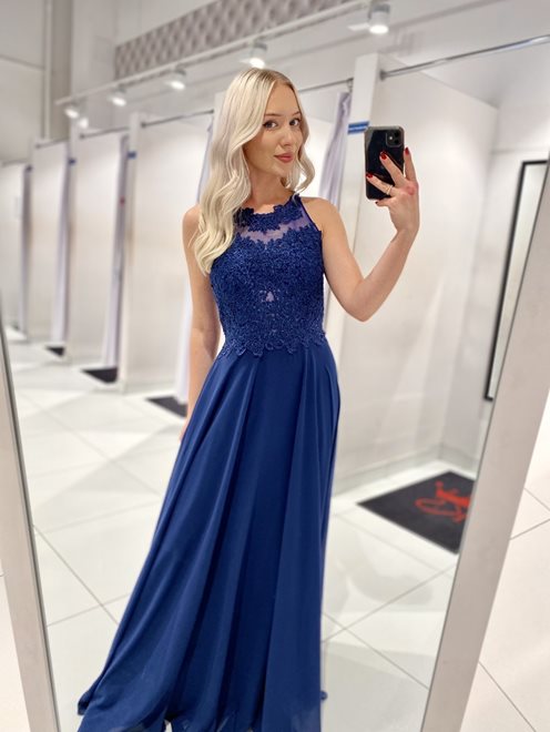 Długa sukienka zabudowany przód ozd plecy granat