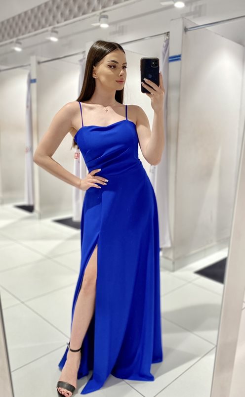 Sukienka długa na ramiączkach wiązana błysk chaber