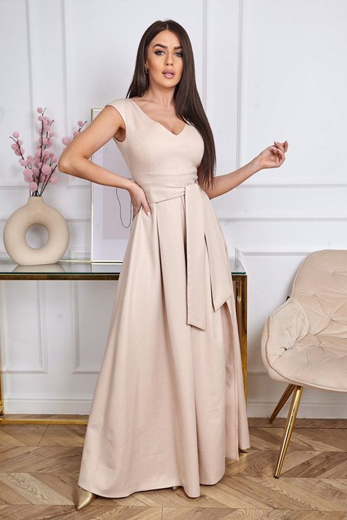 Sukienka długa gruby pas zakładki beż