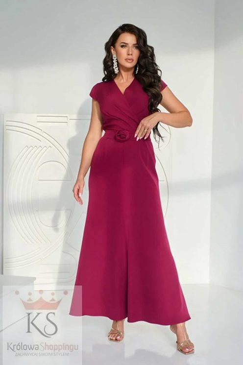 Sukienka długa klasyczna z rękawkiem pasek bordo