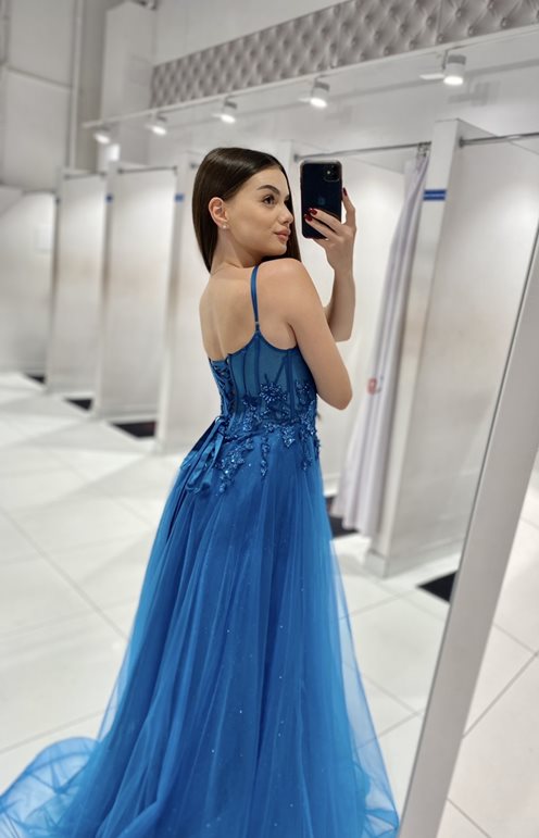 Sukienka długa gorset tiul błysk turkus