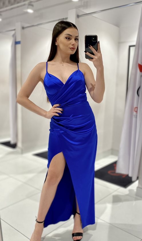 Sukienka długa satynowa dopasowana chaber