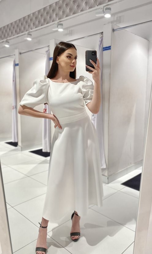 Sukienka midi bufiaste rękawki biel