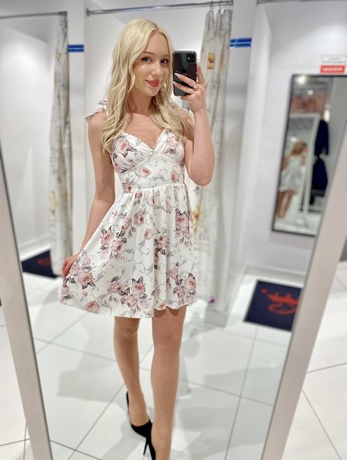 Sukienka krótka wiązane ramiączka kwiaty szara