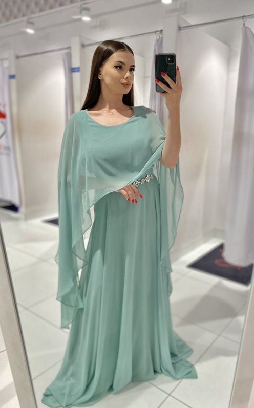 Sukienka długa rękawek motyl cyrkonie szałwia