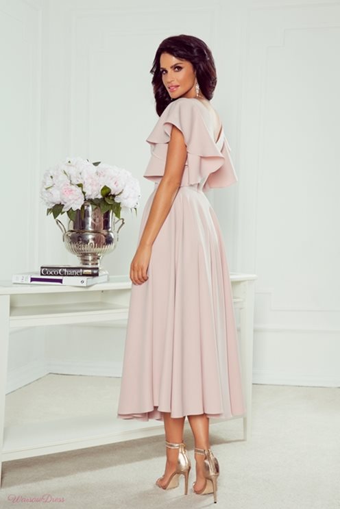 Sukienka midi gładka rękaw falbanki wrzos