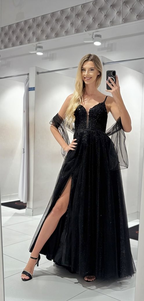 Sukienka długa tiulowa zdobiona delikatna czerń