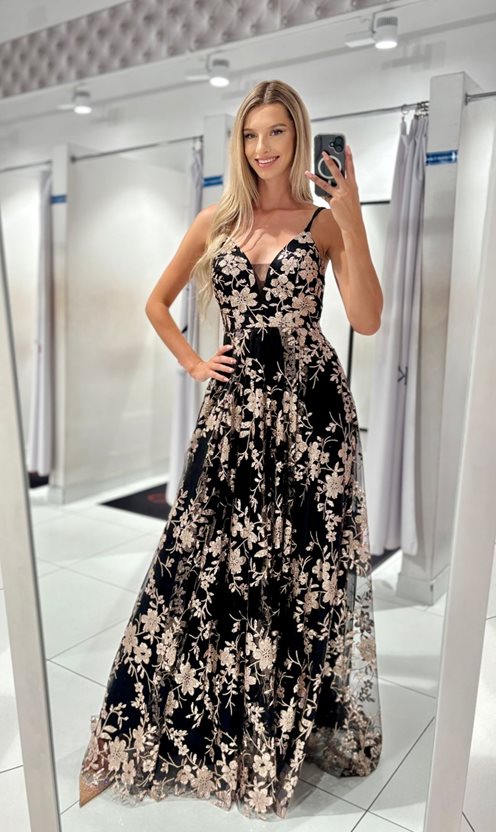 Sukienka długa z brokatem wiązanie plecy czerń