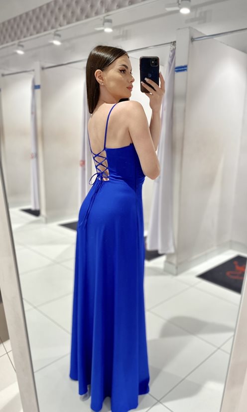 Sukienka długa na ramiączkach wiązana błysk chaber