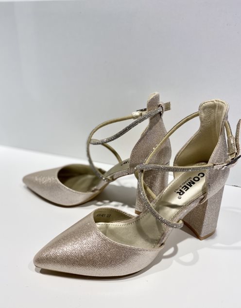 Czółenka na słupku ozdobny pasek złoto