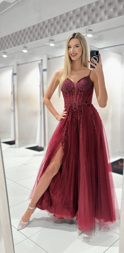 Sukienka długa gorset perełki bordo