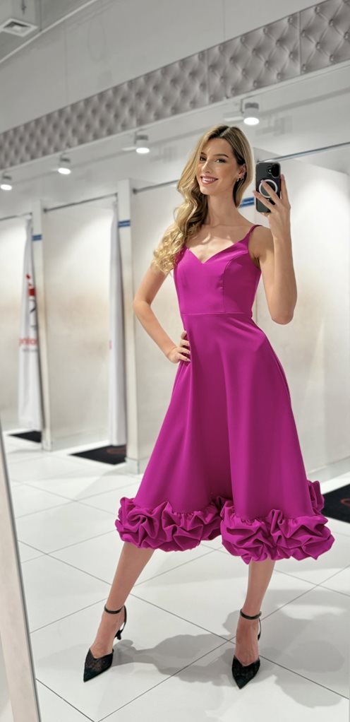 Sukienka midi ramiączka dół klosz falbana fuksja