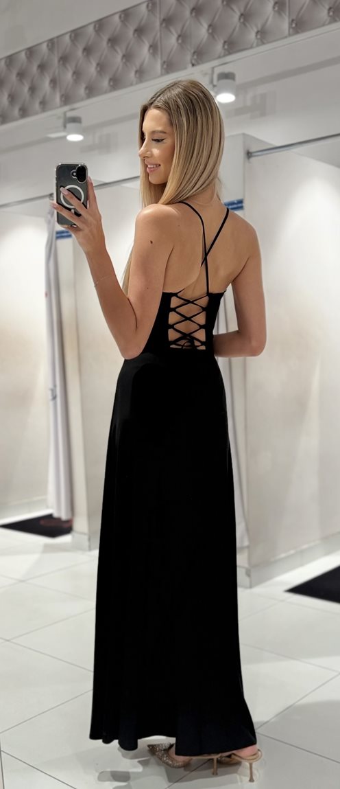 Sukienka długa na ramiączkach wiązana gładka czerń