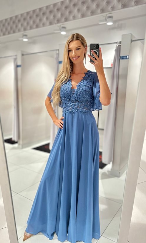 Sukienka długa szyfonowa góra ozdobna k.błękit