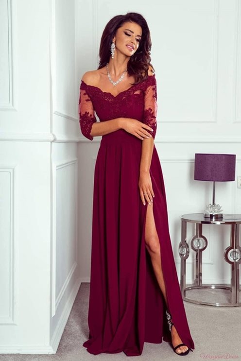 Długa sukienka hiszpanka koronka rękaw bordo