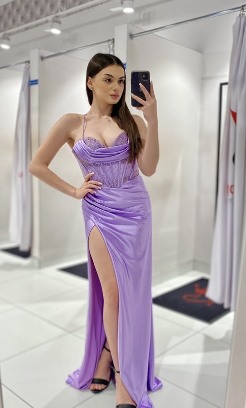 Sukienka długa satynowa zdobiony gorset lilia