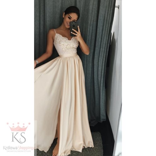 Długa sukienka na cienkich ramiączkach beż