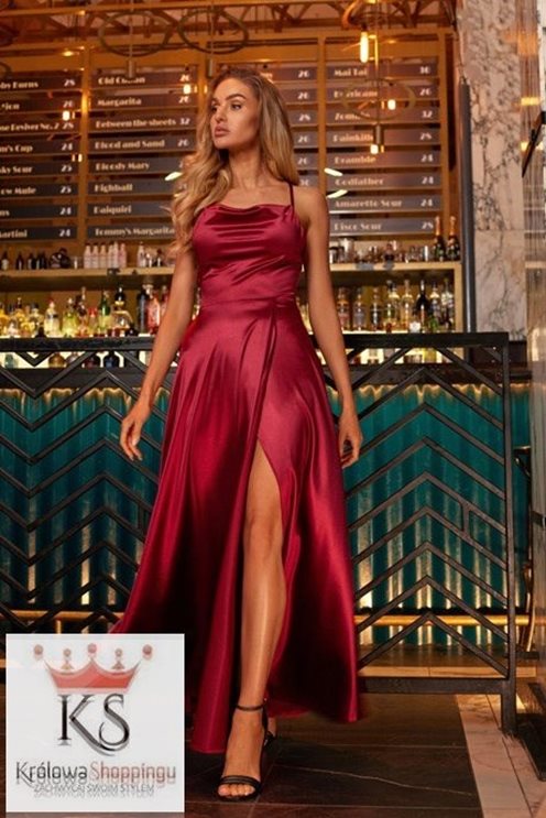 Sukienka długa satynowa wiązana bordo