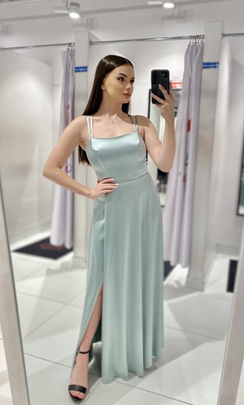 Sukienka długa satyna wiązane plecy pistacja