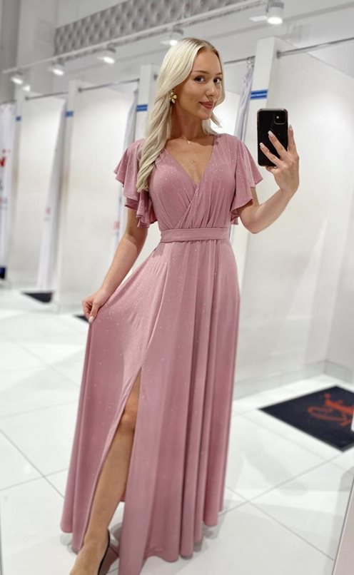 Długa sukienka rękawek brokat p.róż