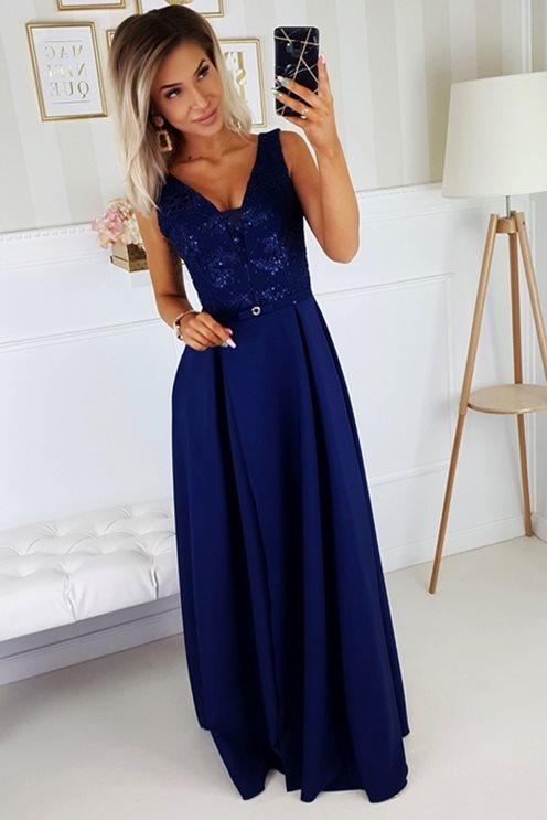 Długa sukienka z rozcięciem kokardka granat