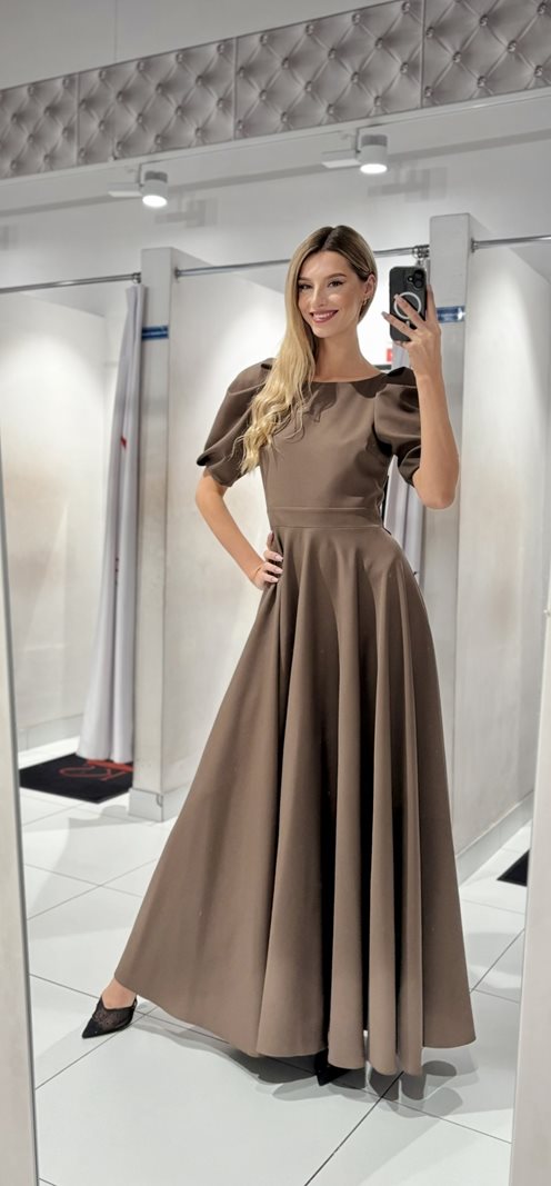 Sukienka długa bufiaste rękawki ciemny brąz